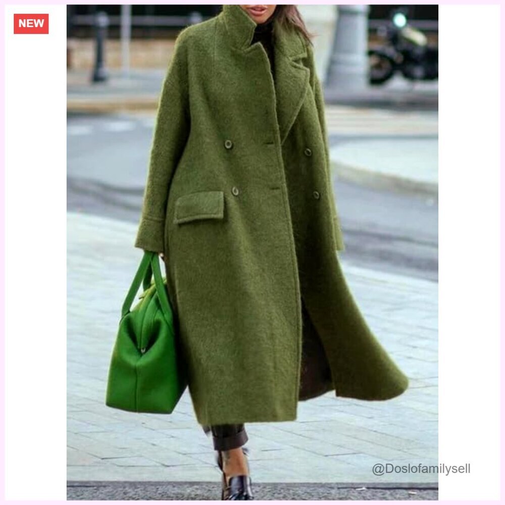 Long Wool Pea Coat Double Breasted Notched Lapel Trench Overcoat Classic Elegant - Picture 2 of 2
